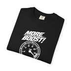 Black crew-neck T-shirt with “MORE BOOST!” gauge graphic and neck tag.