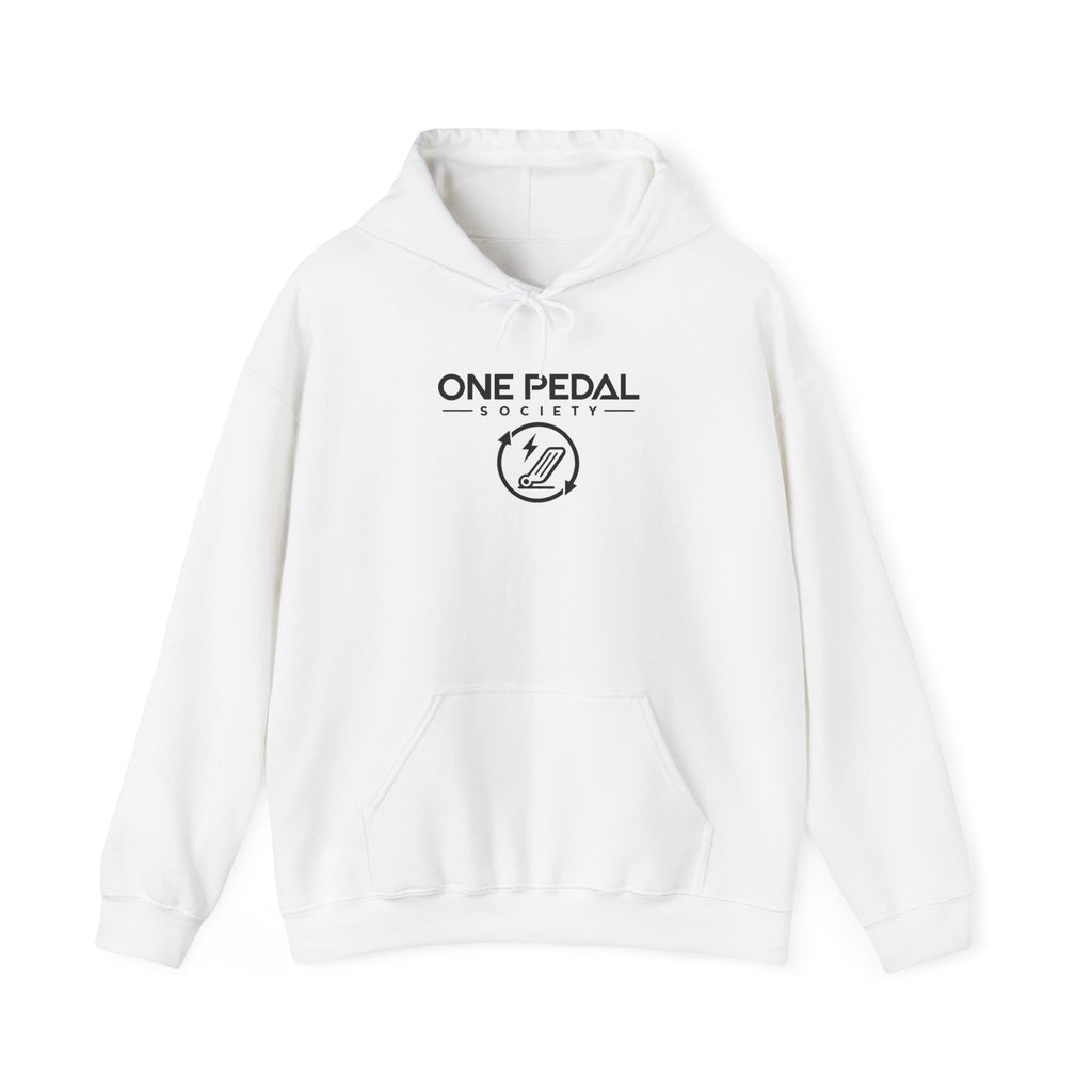 White EV hoodie with front logo graphic and drawstring hood pocket