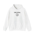 White EV hoodie with front logo graphic and drawstring hood pocket