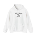 White EV hoodie with front logo graphic and drawstring hood pocket