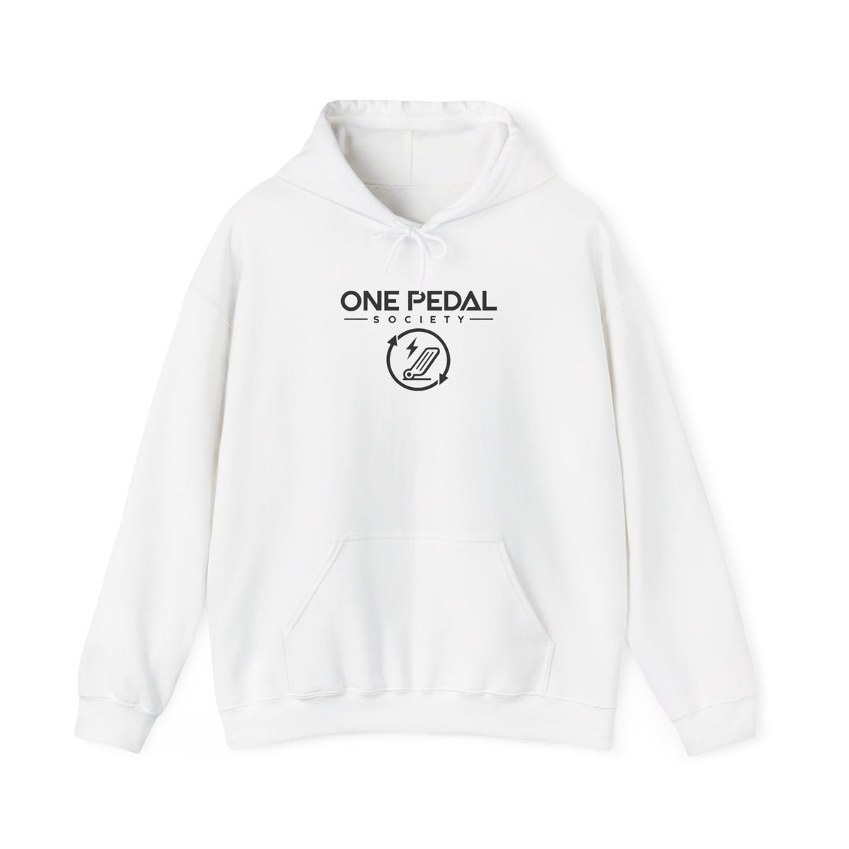 White EV hoodie with front logo graphic and drawstring hood pocket