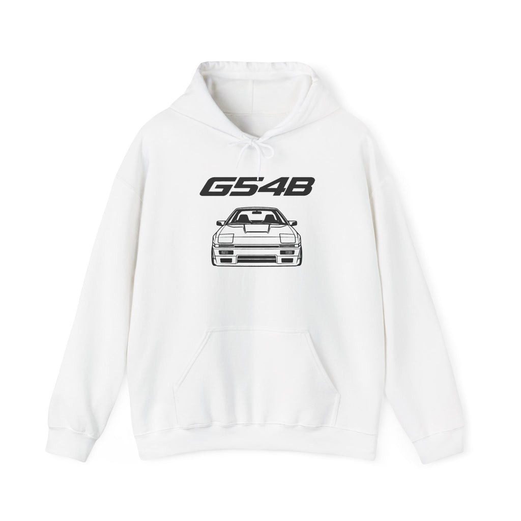 White pullover hoodie with GS48 logo and car graphic, front pouch pocket and drawstring hood