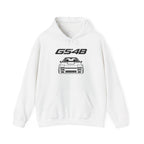 White pullover hoodie with GS48 logo and car graphic, front pouch pocket and drawstring hood