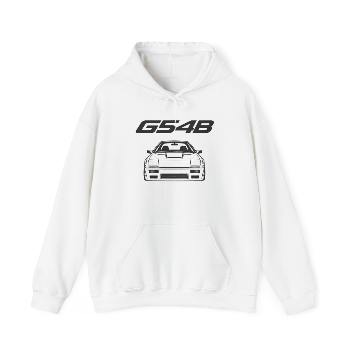 White pullover hoodie with GS48 logo and car graphic, front pouch pocket and drawstring hood