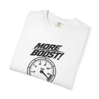 White crewneck T-shirt with large 'More Boost!' stopwatch graphic, close-up
