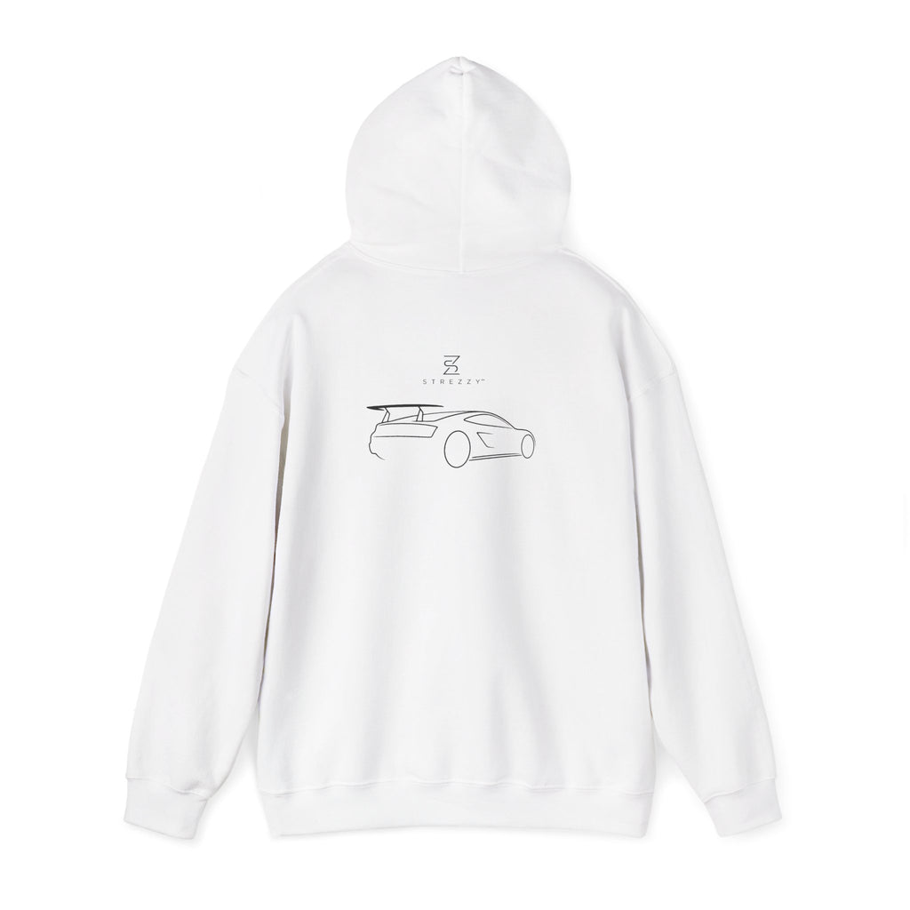 White pullover hoodie with car line-art graphic and hood, full back view