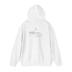 White pullover hoodie with car line-art graphic and hood, full back view
