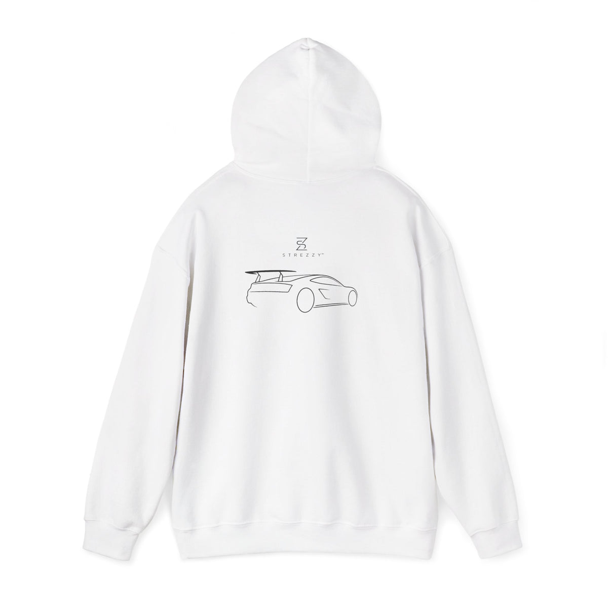 White pullover hoodie with car line-art graphic and hood, full back view