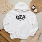 White pullover hoodie with hood, drawstrings, Cold Start Season logo, kangaroo pocket.