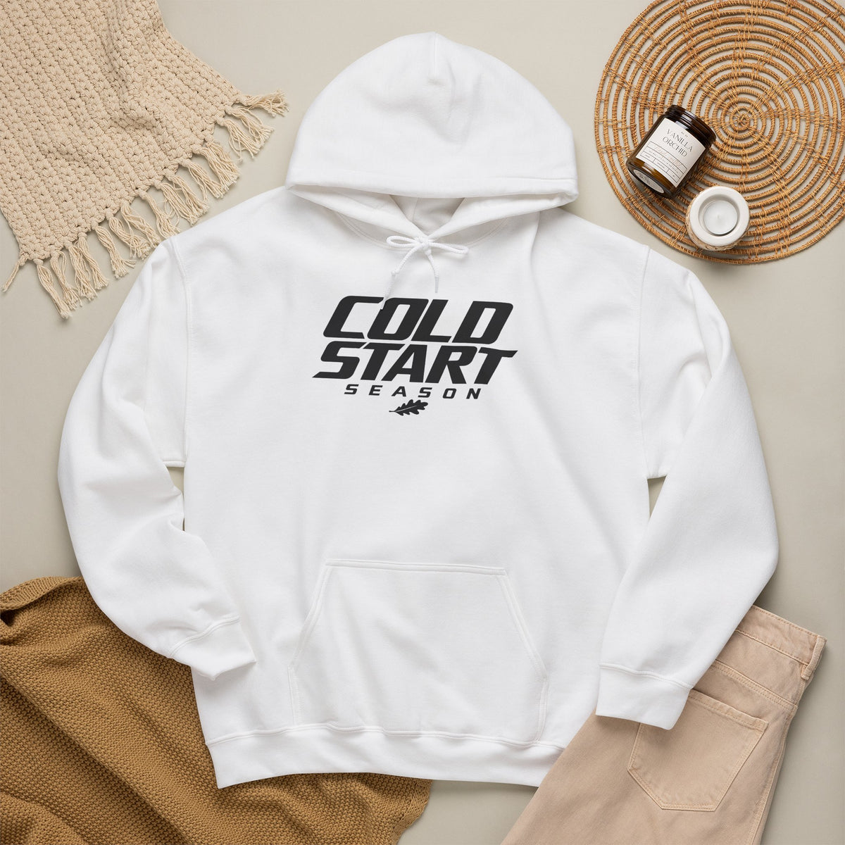 White pullover hoodie with hood, drawstrings, Cold Start Season logo, kangaroo pocket.