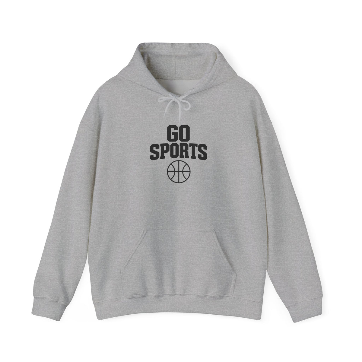 Sport grey basketball hoodie with 'Go Sports' logo and front pouch pocket