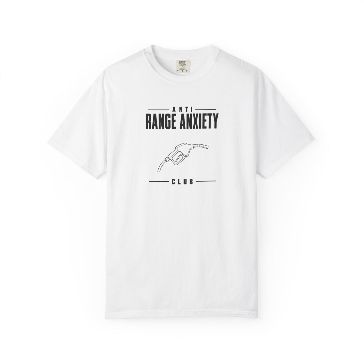 White crew-neck T-shirt with "ANTI RANGE ANXIETY" text and hand graphic front print