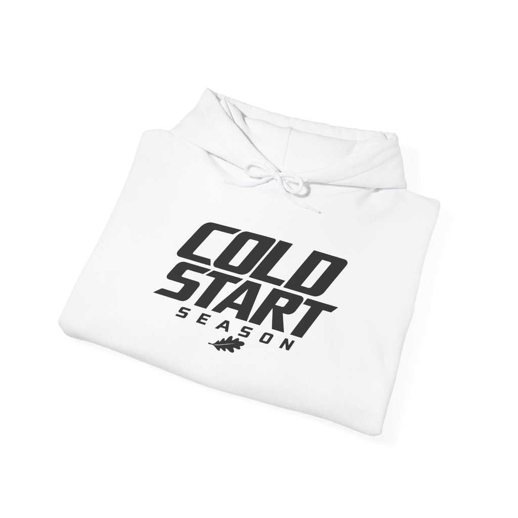 White pullover hoodie with hood, drawstrings, and Cold Start Season logo, front view.