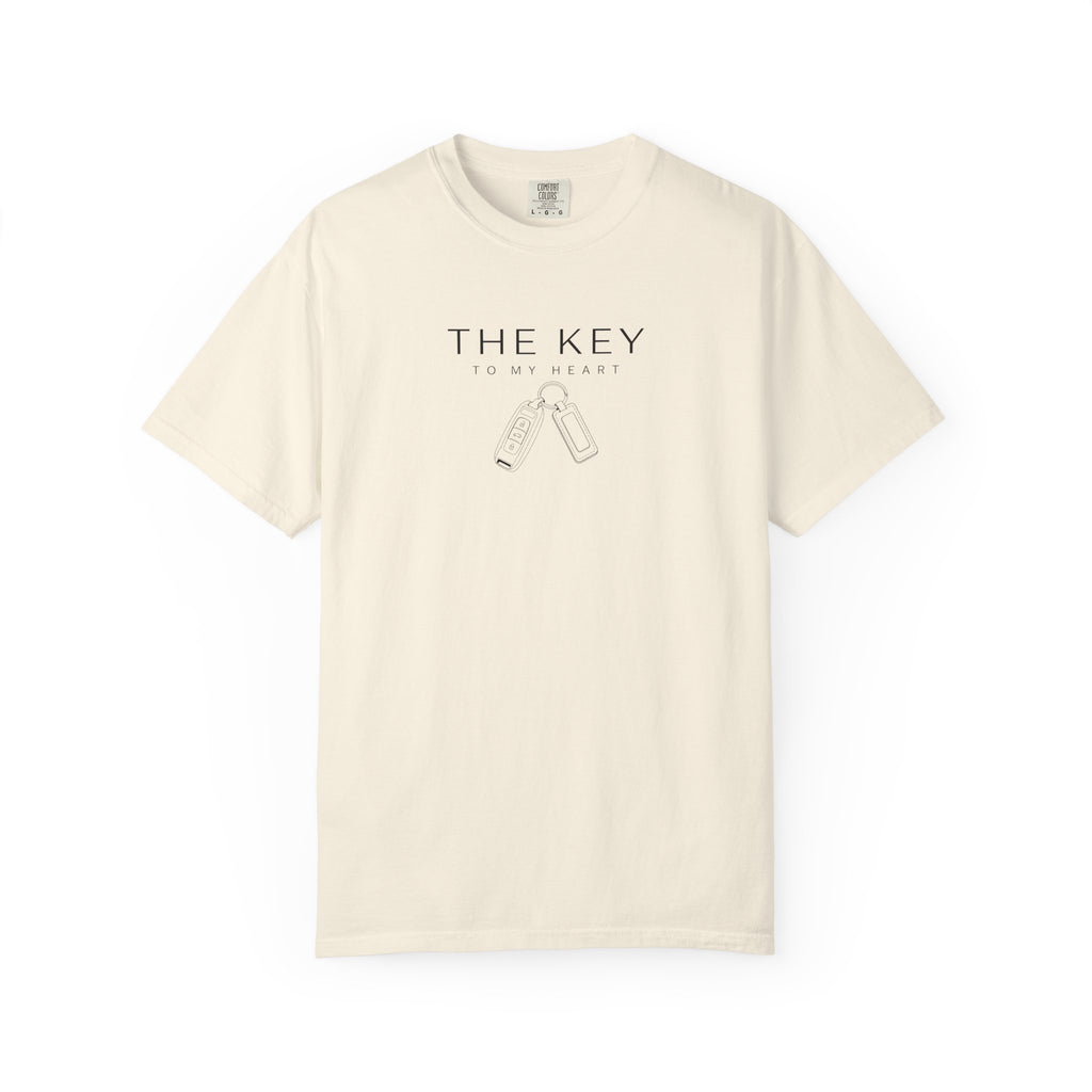 Ivory crew-neck T-shirt with 'THE KEY' text and key graphic above 'TO MY HEART'.