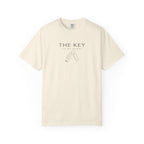 Ivory crew-neck T-shirt with 'THE KEY' text and key graphic above 'TO MY HEART'.