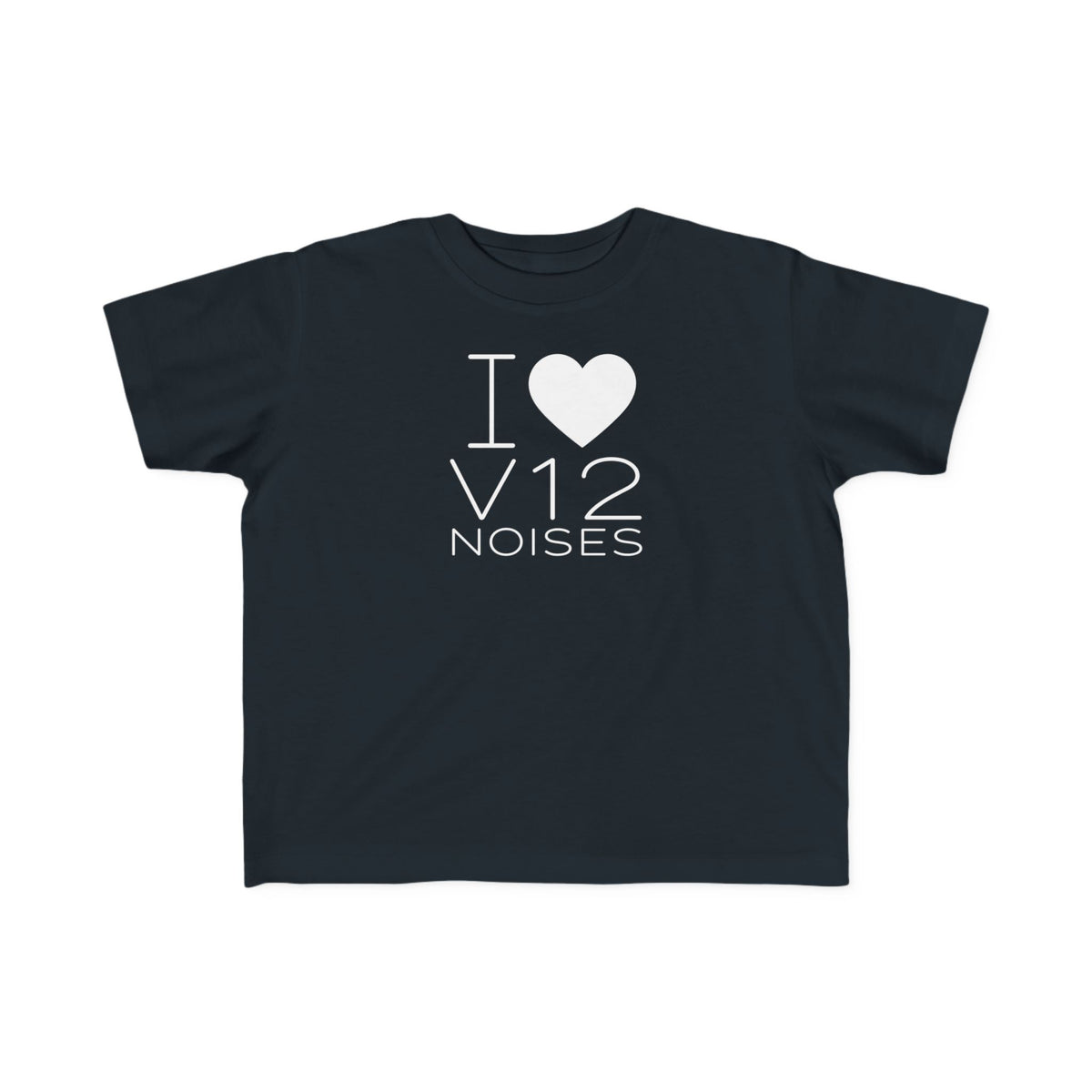Black toddler graphic T-shirt with heart and "I V12 NOISES" design; crew neck