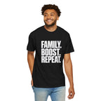 Black graphic slogan T-shirt worn by a man, front text design visible