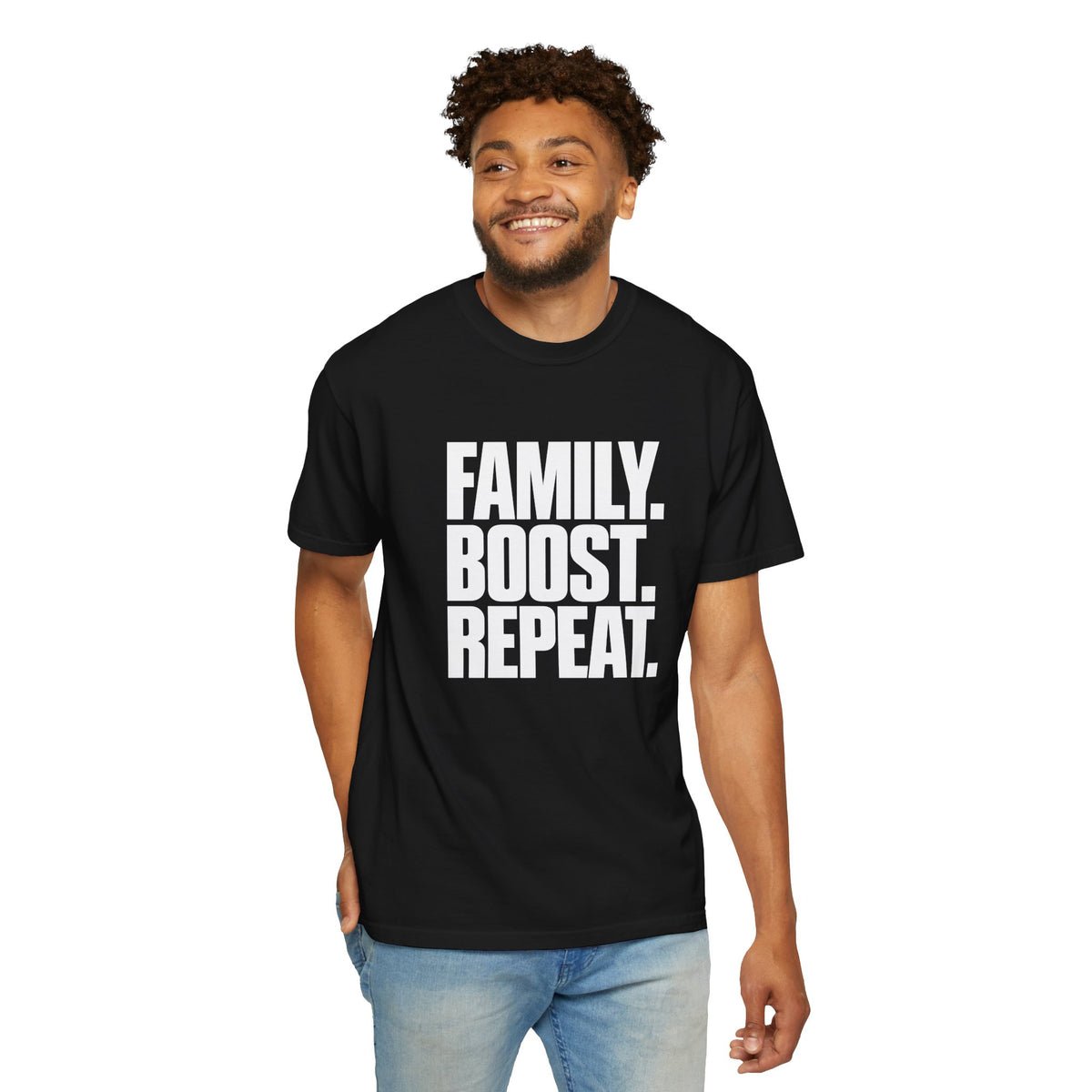 Black graphic slogan T-shirt worn by a man, front text design visible