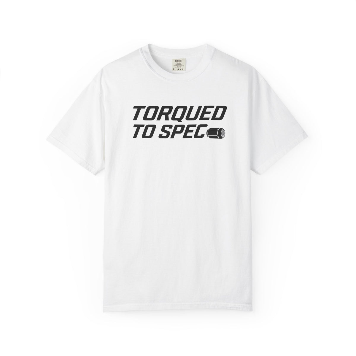 White crewneck graphic T-shirt with “TORQUED TO SPEC” logo print on chest