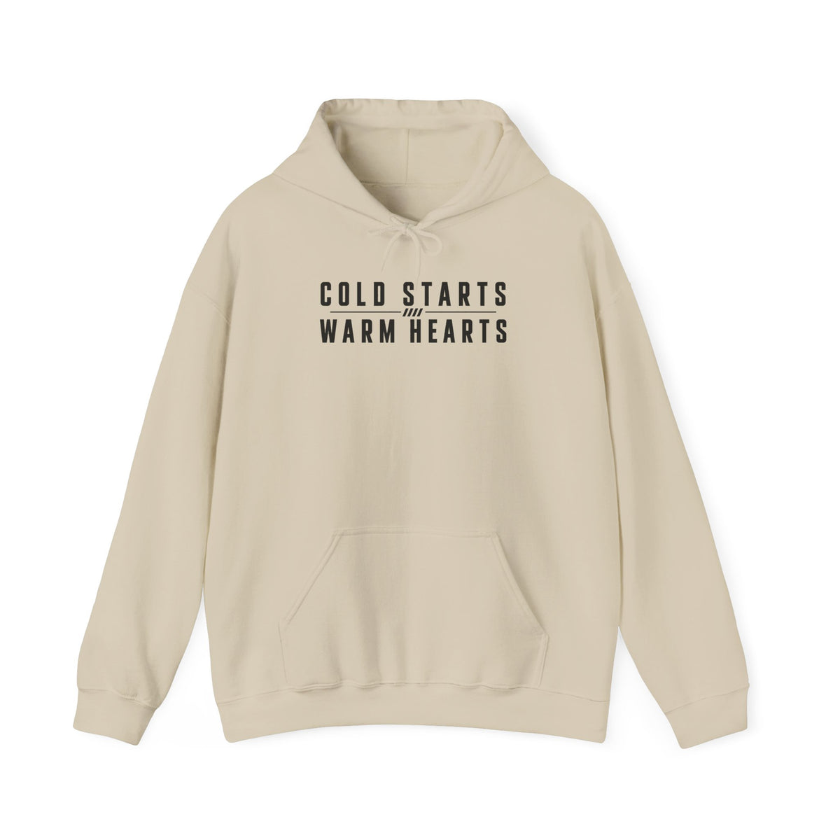 Sand pullover hoodie with front pocket, drawstring hood, and “COLD STARTS WARM HEARTS” text.