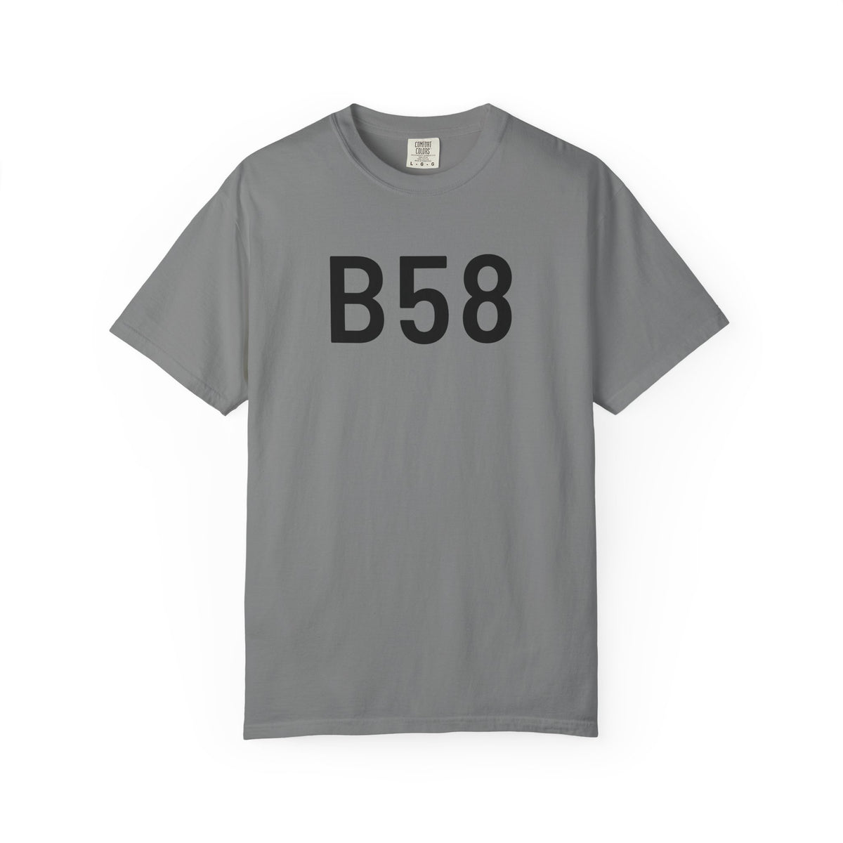 Grey crewneck T-shirt with large dark B58 print on the front