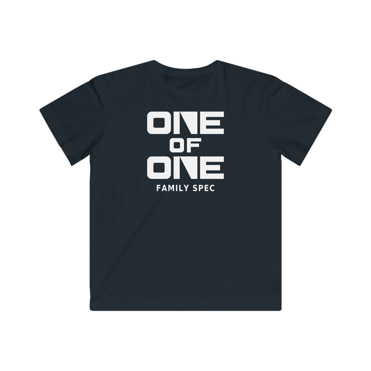 Kids black T-shirt with white "ONE OF ONE" "FAMILY SPEC" chest print