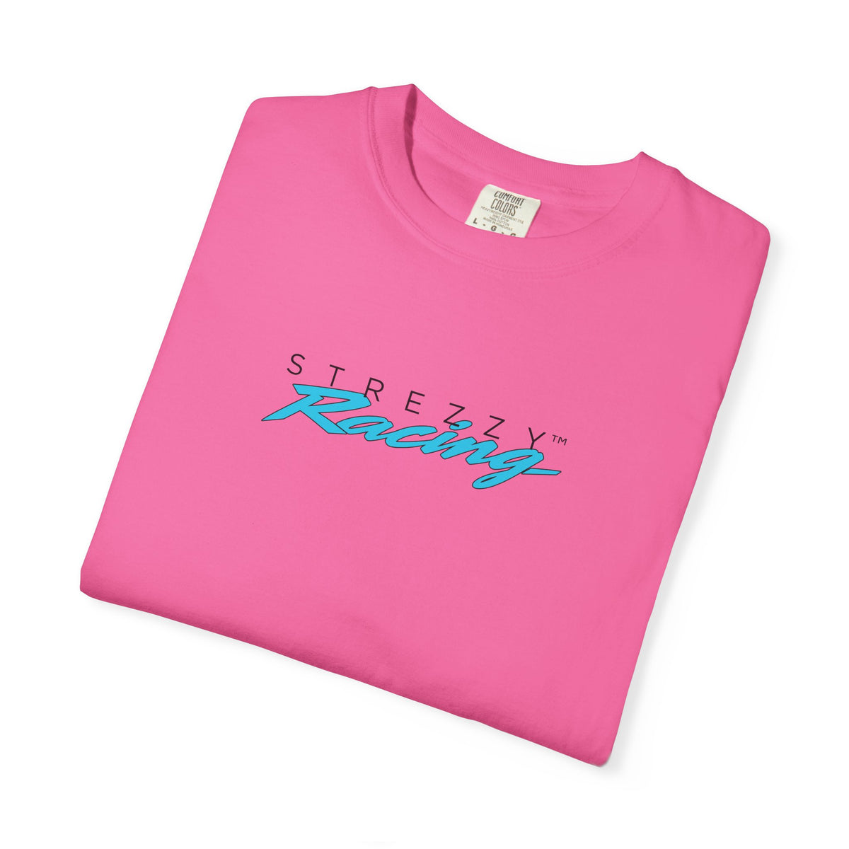 Fuchsia pink short-sleeve crewneck t-shirt with Strezzy Racing logo centered