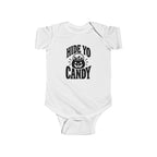 White kids graphic baby bodysuit with 'Hide Yo Candy' pumpkin logo