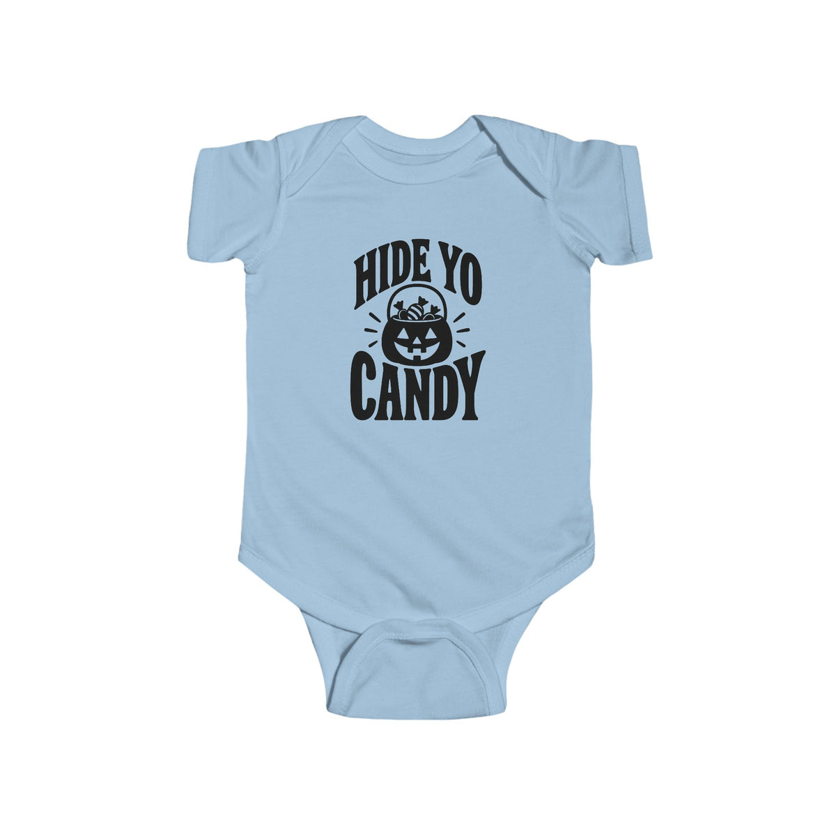 Light blue kids graphic baby bodysuit with 'Hide Yo Candy' pumpkin logo
