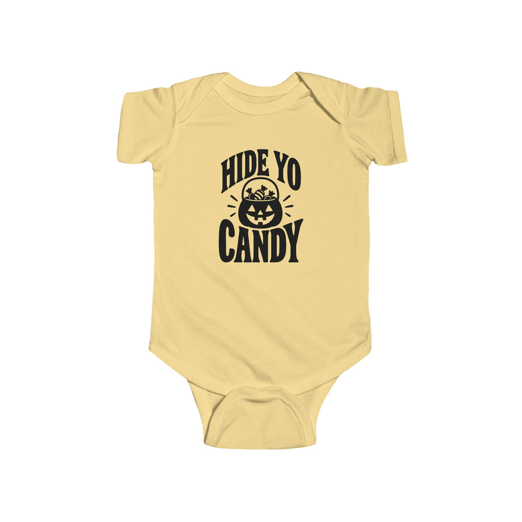 Butter yellow kids graphic baby bodysuit with 'Hide Yo Candy' pumpkin logo