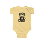 Butter yellow kids graphic baby bodysuit with 'Hide Yo Candy' pumpkin logo