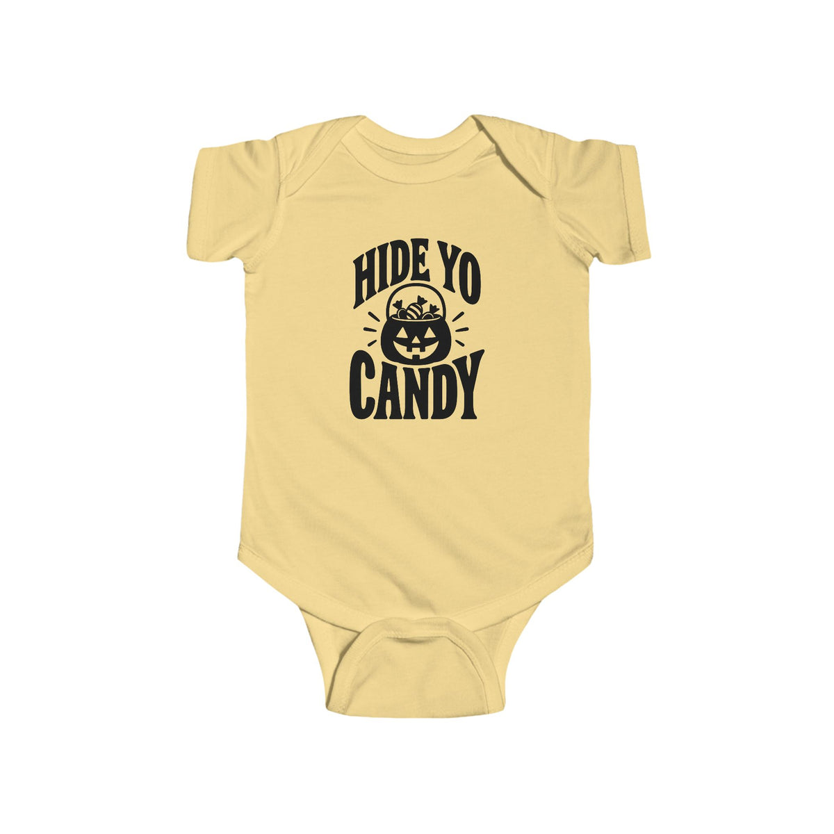 Butter yellow kids graphic baby bodysuit with 'Hide Yo Candy' pumpkin logo