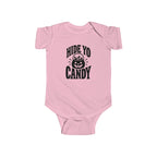 Pink kids graphic baby bodysuit with 'Hide Yo Candy' pumpkin logo
