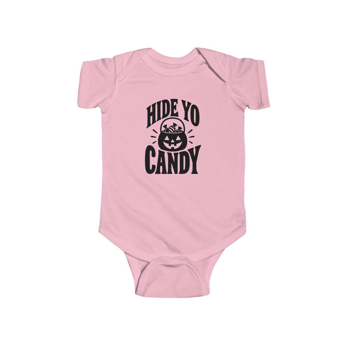 Pink kids graphic baby bodysuit with 'Hide Yo Candy' pumpkin logo