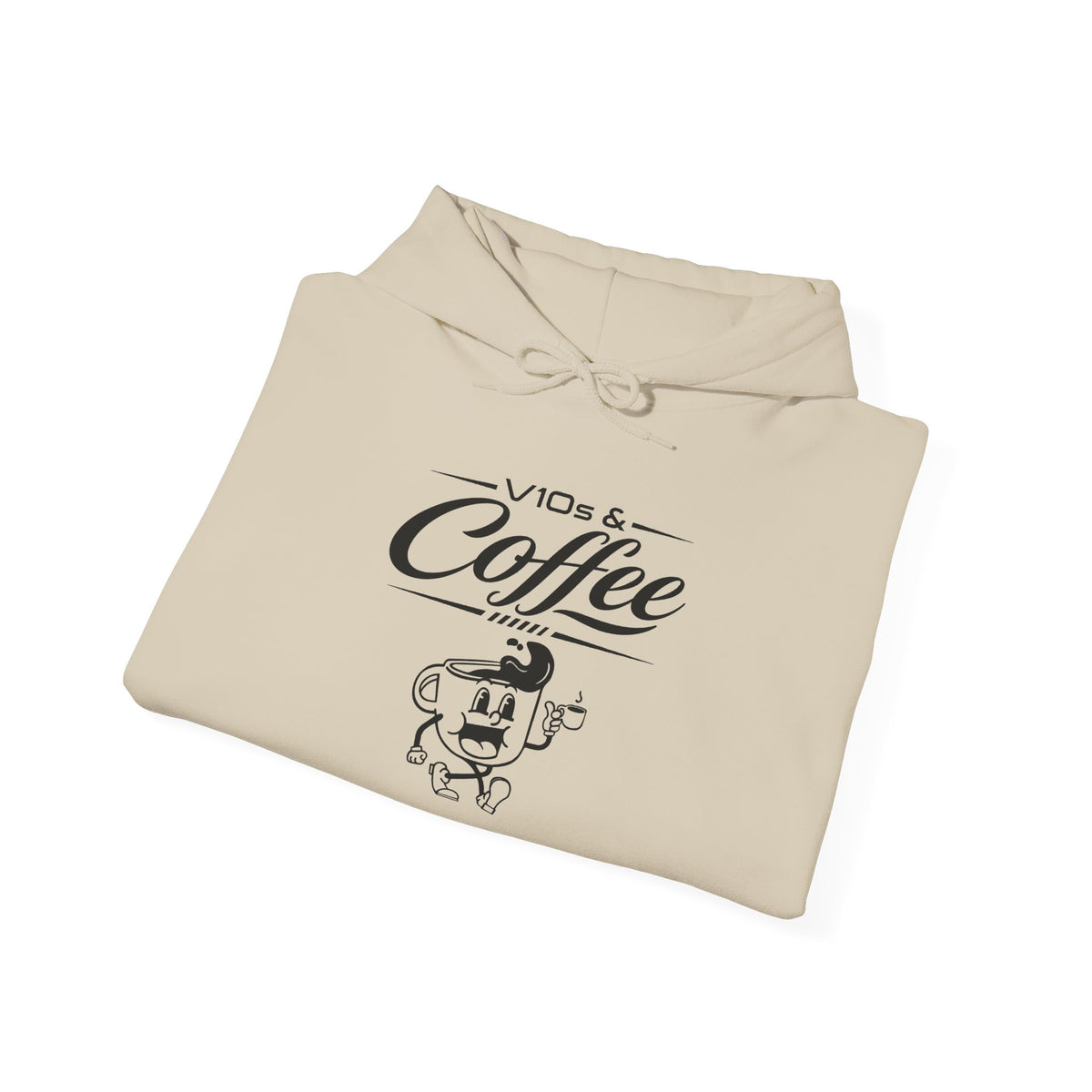 Beige folded hoodie with large “V10s & Coffee” graphic and cartoon figure