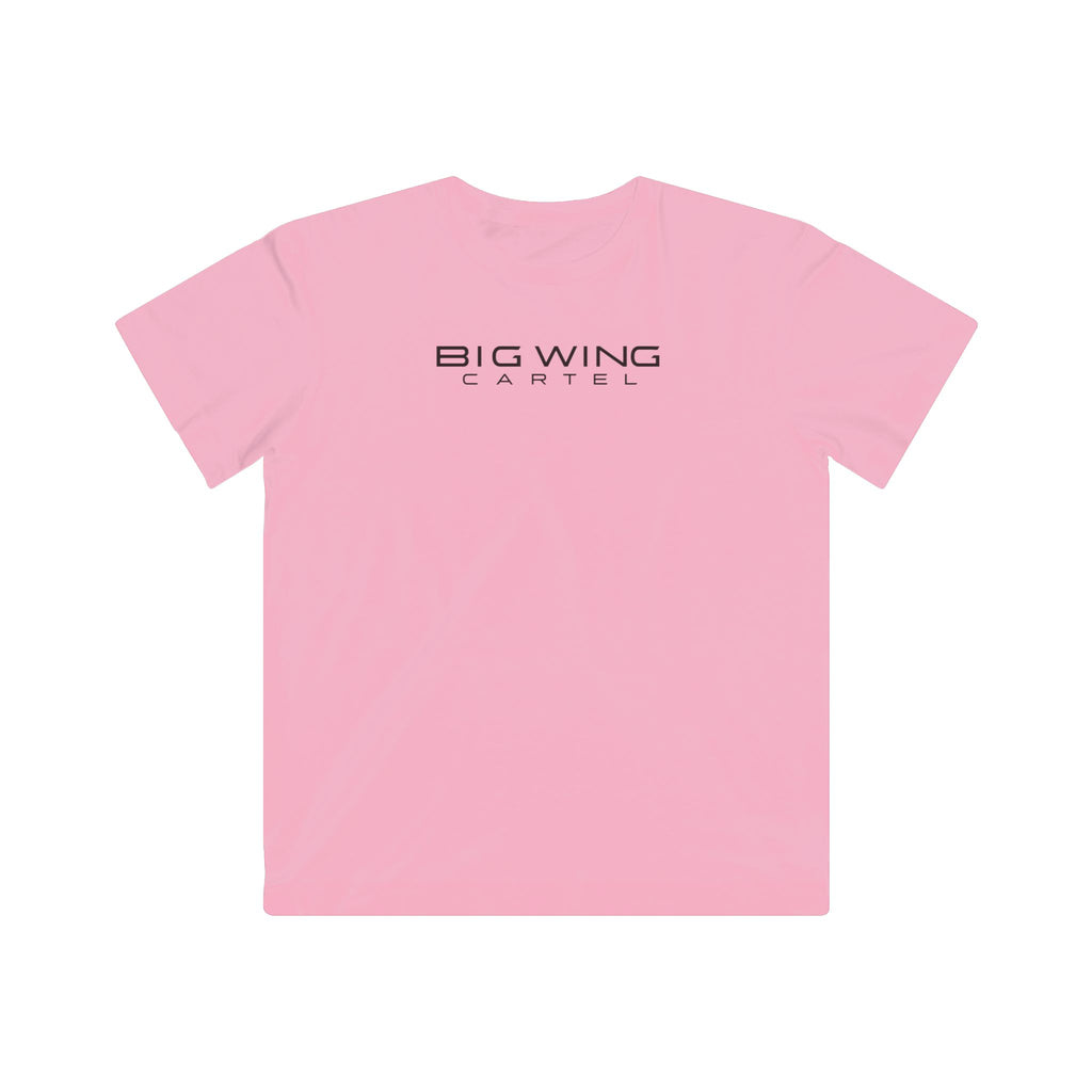 Kids pink T-shirt with Big Wing Cartel chest logo graphic