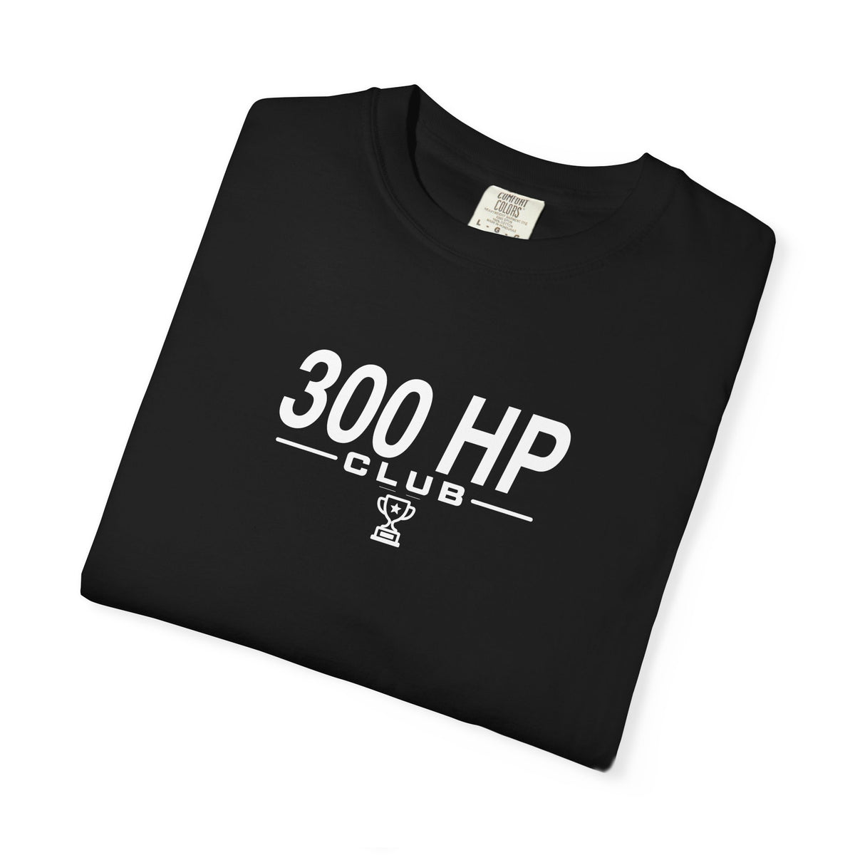 Black crew-neck T-shirt with 300 HP Club logo graphic