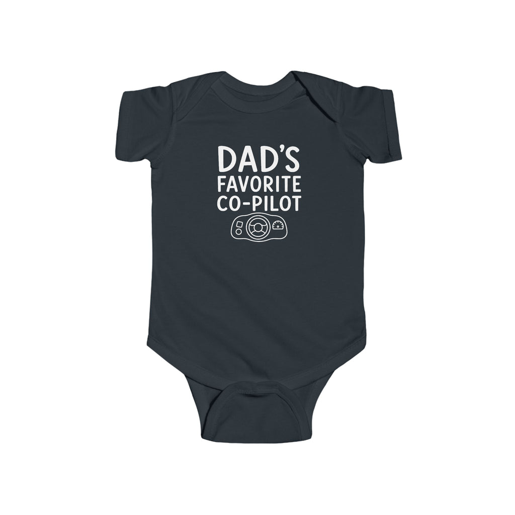 Dark baby bodysuit with 'Dad's Favorite Co-Pilot' graphic on front