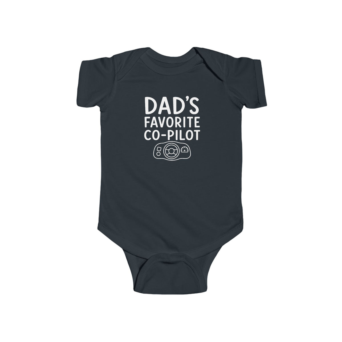 Dark baby bodysuit with 'Dad's Favorite Co-Pilot' graphic on front