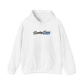 White embroidered hoodie with front pouch pocket and drawstring hood.
