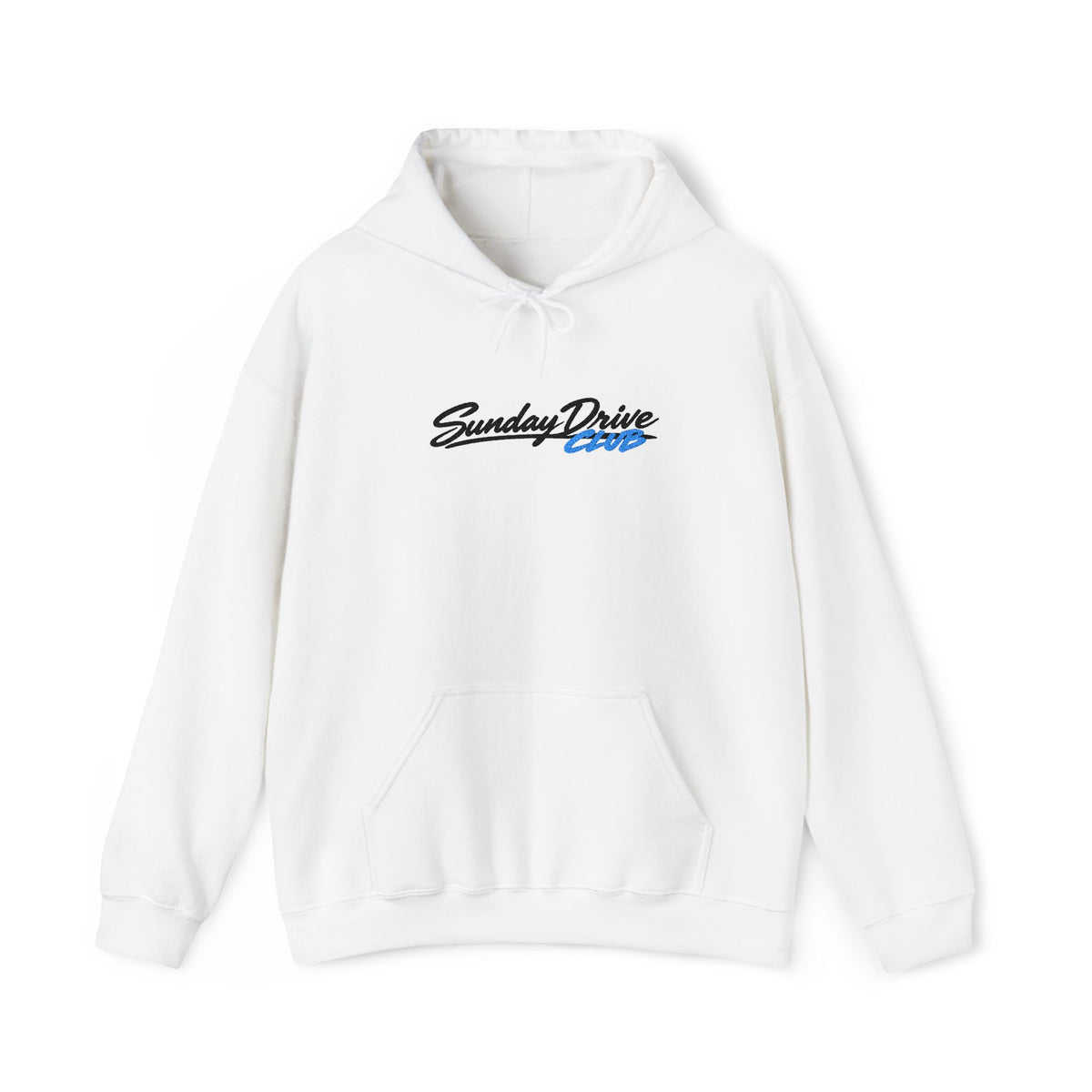 White embroidered hoodie with front pouch pocket and drawstring hood.