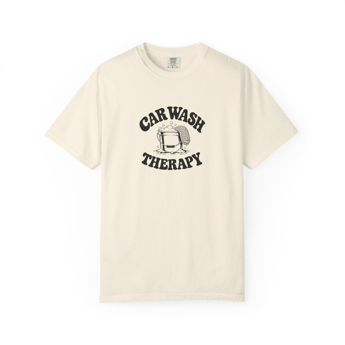 Ivory crewneck T-shirt with black “CAR WASH THERAPY” graphic center chest