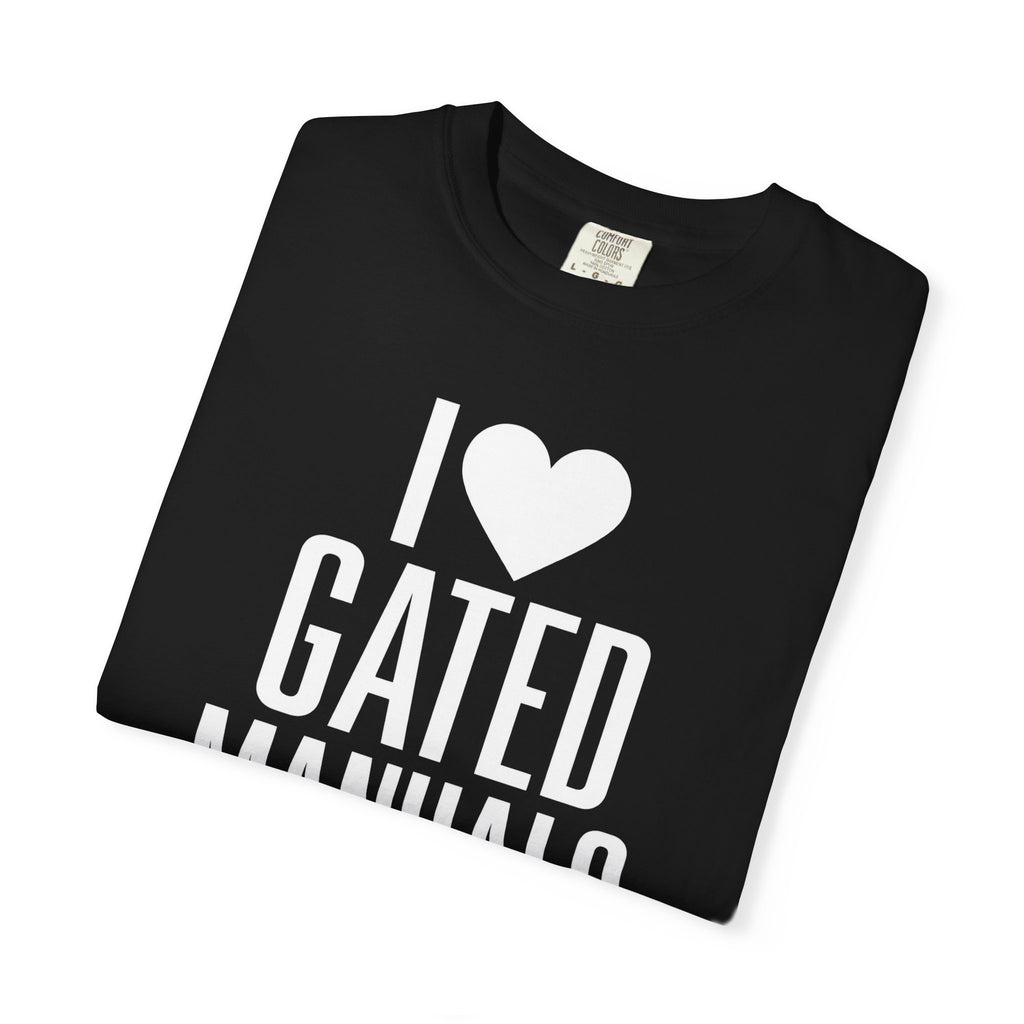 Black crew-neck T-shirt with heart "GATED MANUALS" graphic