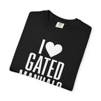 Black crew-neck T-shirt with heart "GATED MANUALS" graphic