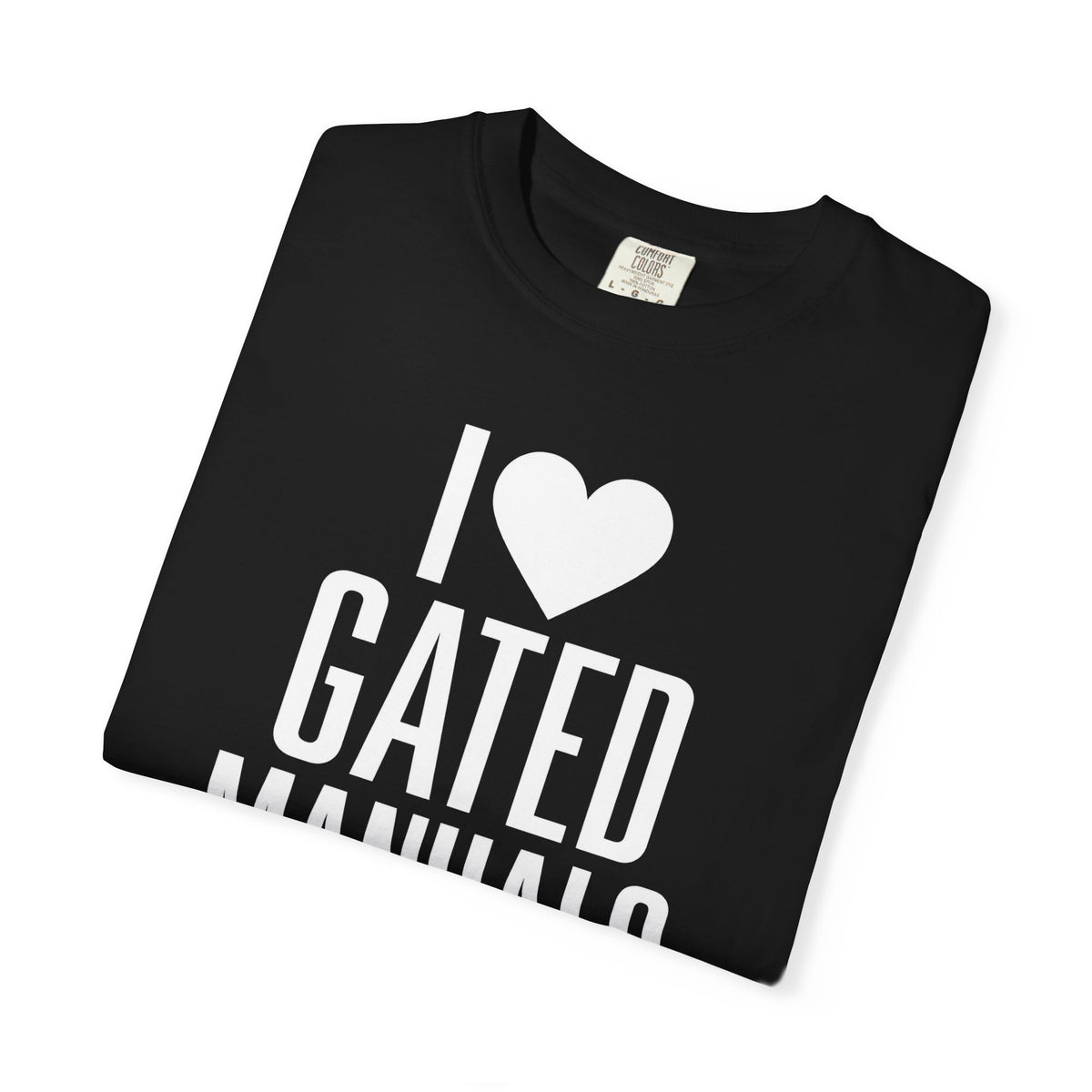 Black crew-neck T-shirt with heart "GATED MANUALS" graphic