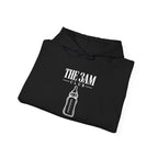 Black pullover hoodie with baby bottle graphic and drawstring hood