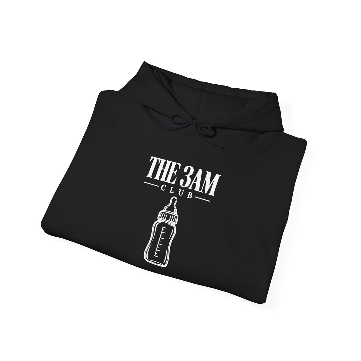 Black pullover hoodie with baby bottle graphic and drawstring hood