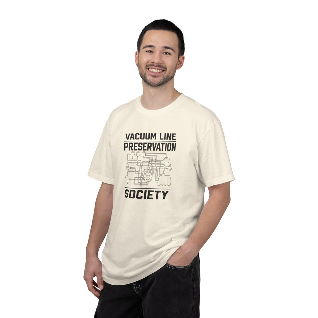 Ivory crew-neck graphic t-shirt with Vacuum Line Preservation Society text
