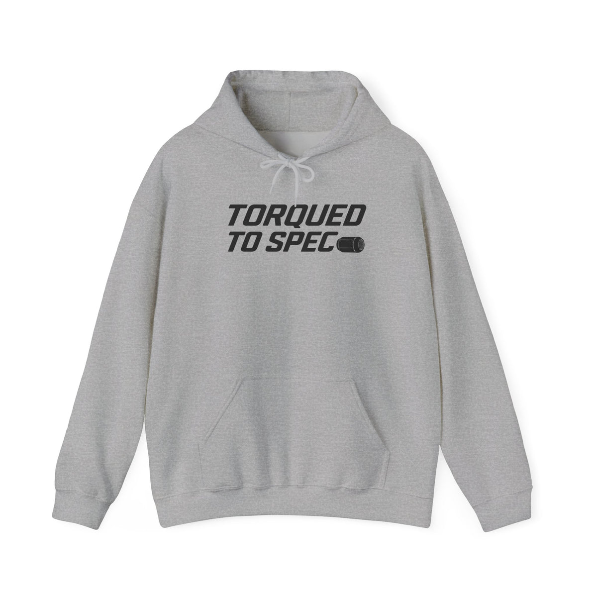 Sport grey hoodie with drawstring hood and front pocket, TORQUED TO SPEC logo print