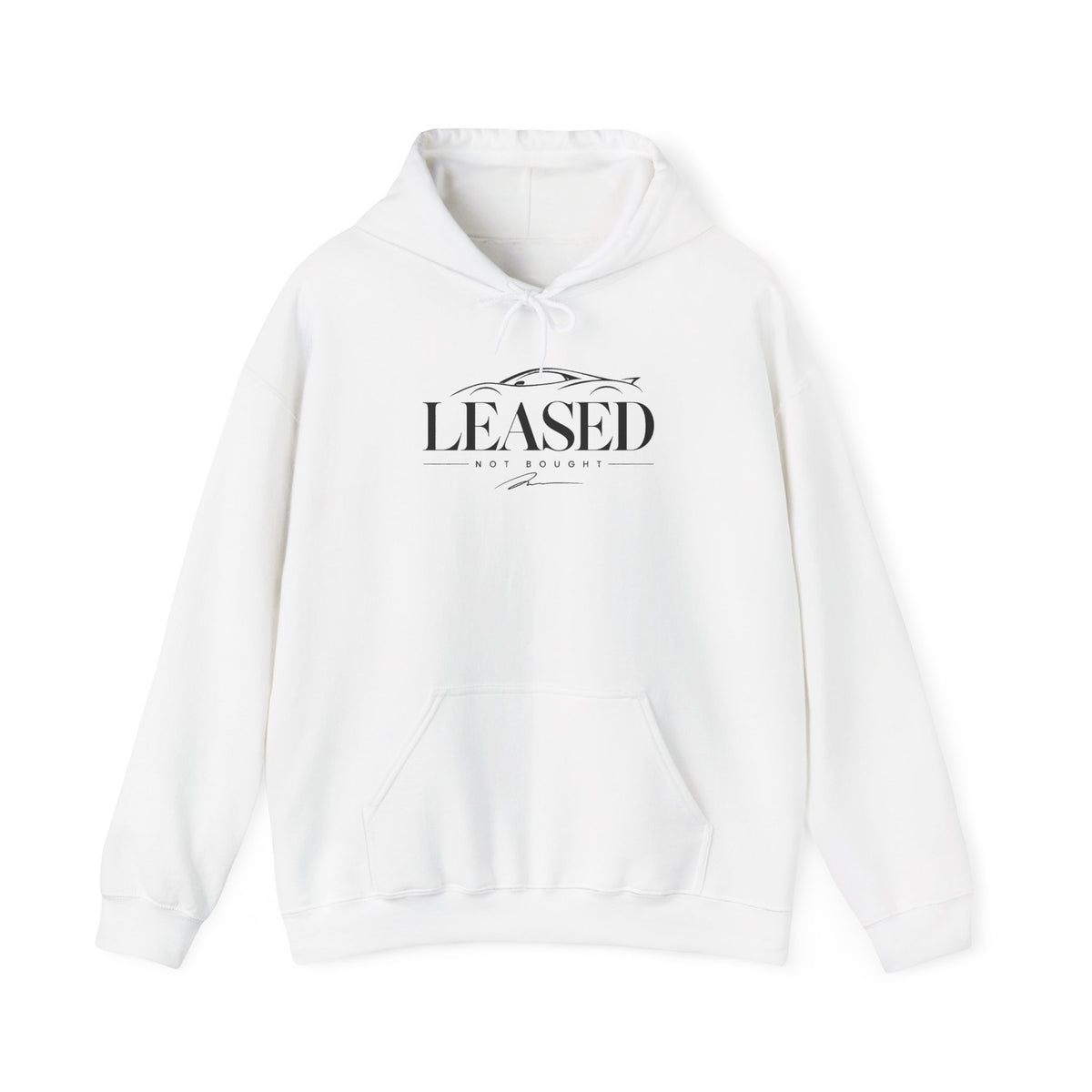 White hoodie with drawstring hood and kangaroo pocket, 'LEASED' chest logo.